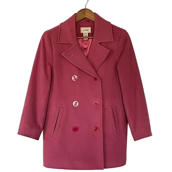 LL Bean Pink Wool Pea Coat Nautical Anchor Buttons Preppy Jacket Size 6 - Picture 8 of 16